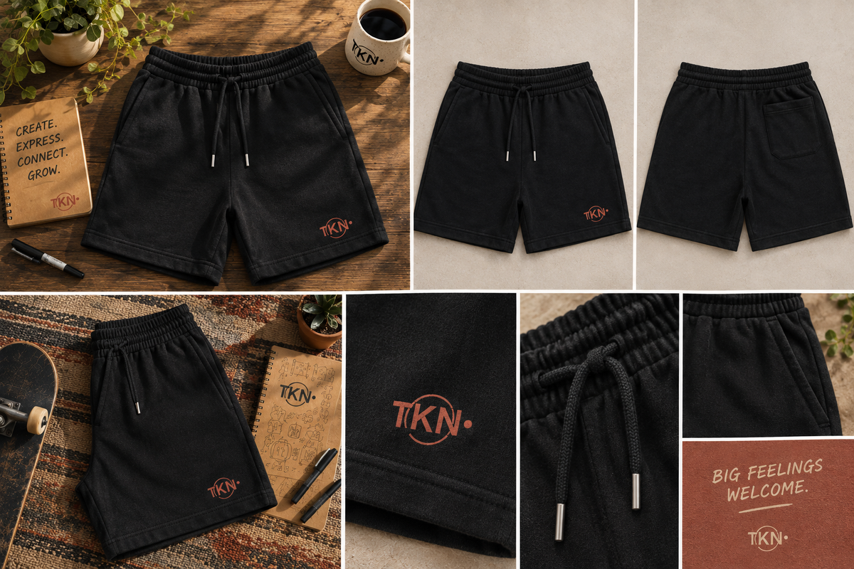 TKN BLAC Shorts editorial lookbook with faded terracotta screen-printed logo