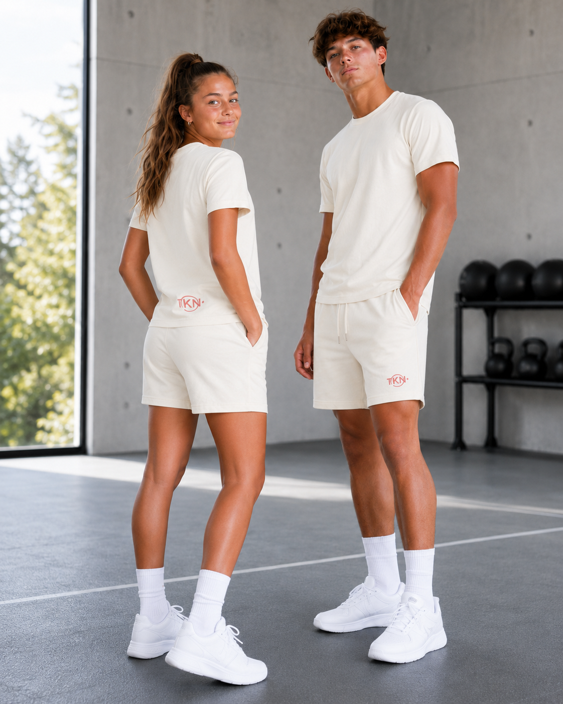 TKN Raw Shorts lifestyle model photo, back logo detail