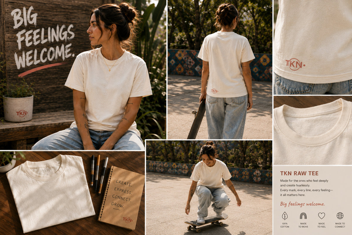 TKN Raw Tee lifestyle lookbook with back logo detail